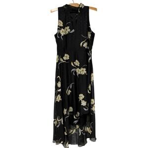 White House Black Market | Dress Midi Black Floral Halter Swiss Dot- Size 12